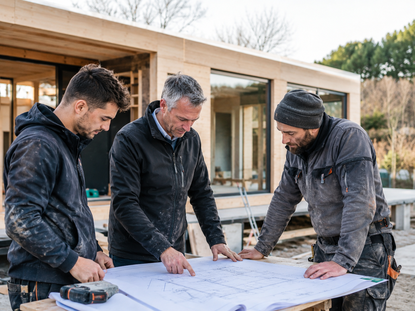 Conception sur mesure : équipe DELSASHE qui revoit les plans d'une maison préfabriquée avec le client