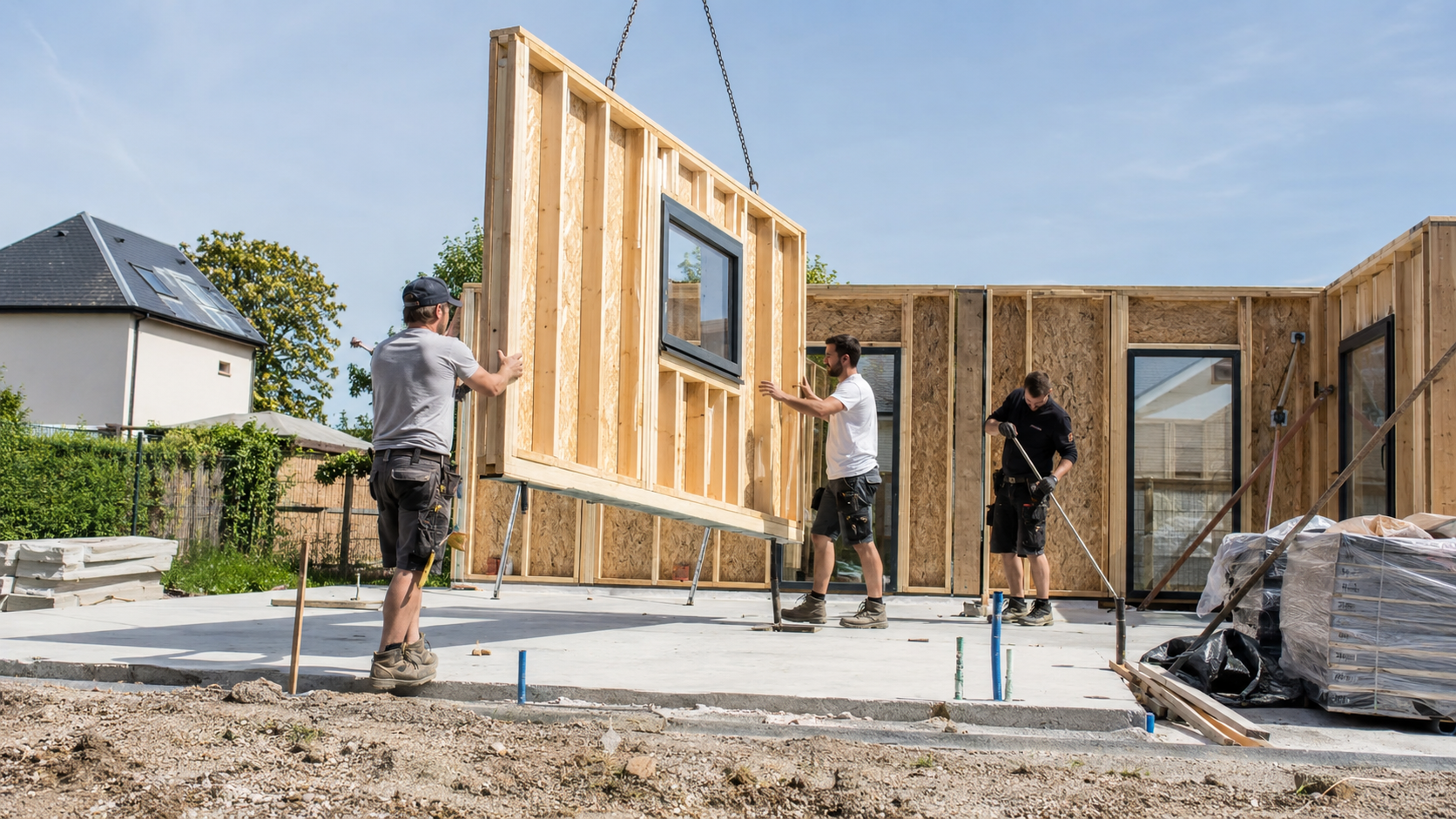 Fabrication en usine : panneaux d'ossature bois préfabriqués assemblés sous atelier couvert